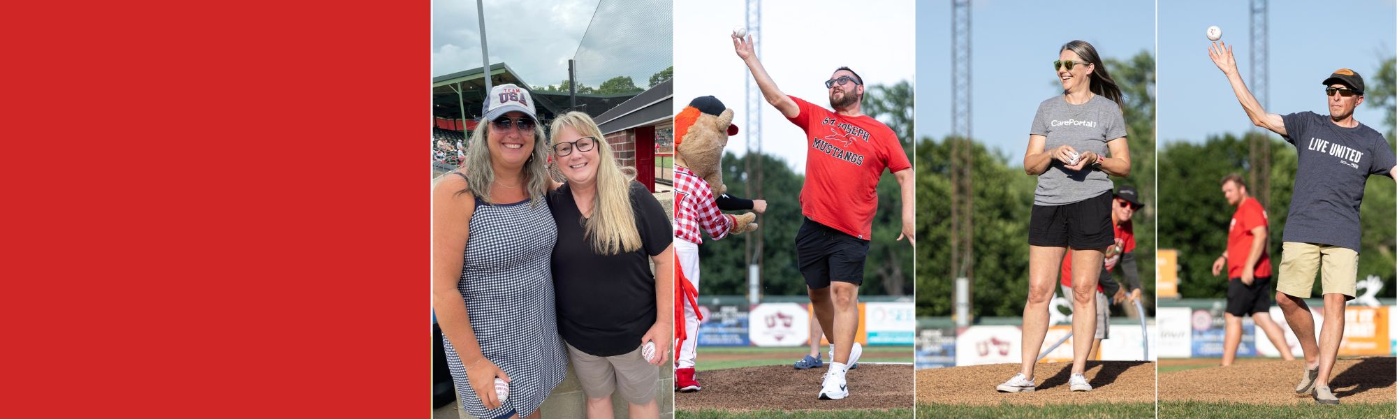 Volunteers and community members participating in ceremonial first pitches at a St. Joseph Mustangs baseball game, smiling, interacting with players and mascot, and celebrating on the field.