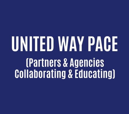Blue graphic with large white text reading “UNITED WAY PACE” and smaller text underneath that says “(Partners & Agencies Collaborating & Educating).”