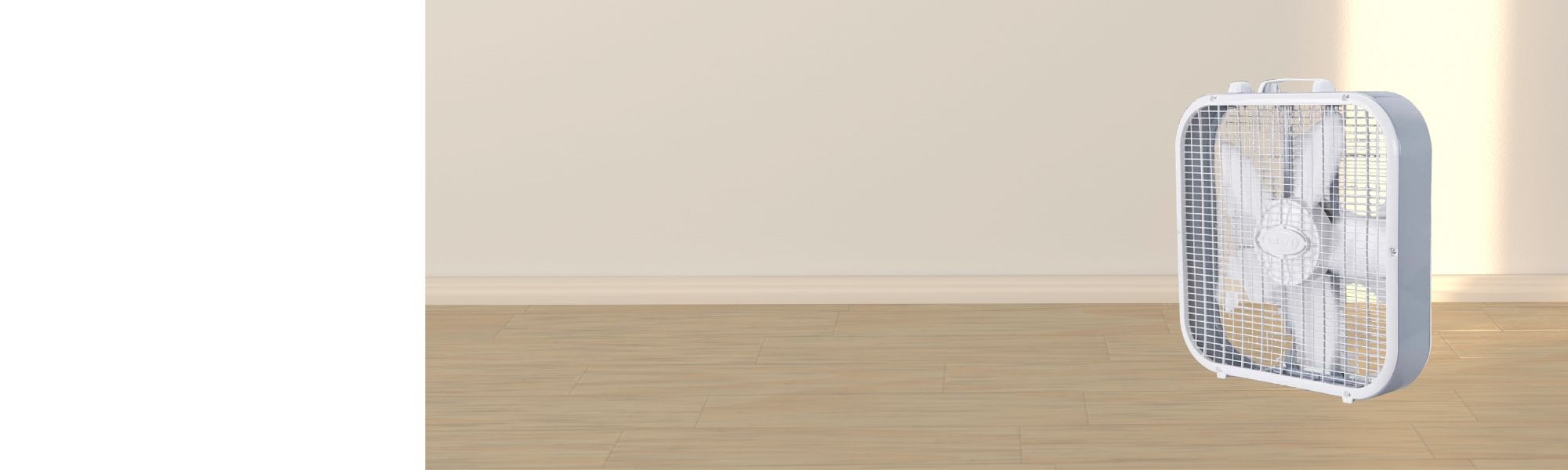 White box fan sitting on hardwood floor