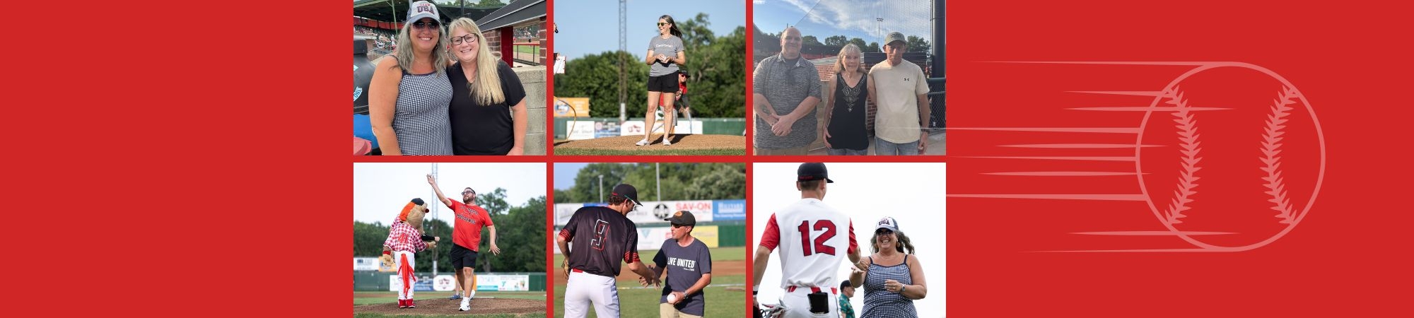 Collage of community volunteers being recognized on a baseball field with the St. Joseph Mustangs, including on-field moments, smiling honorees, and a baseball-themed graphic on a red background.
