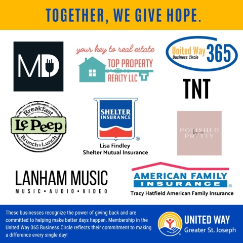A graphic with the headline “Together, We Give Hope” features United Way Greater St. Joseph and the United Way 365 Business Circle logo. It showcases participating businesses including MD, Top Property Realty LLC, TNT, Le Peep, Shelter Insurance (Lisa Findley), Polished Pretty, Lanham Music, and American Family Insurance (Tracy Hatfield). At the bottom, text highlights these businesses’ commitment to giving back and making a difference every day through their support of the United Way 365 Business Circle.