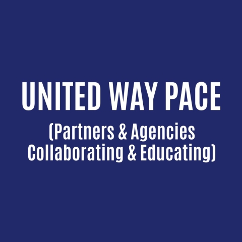 Blue graphic with large white text reading “UNITED WAY PACE” and smaller text underneath that says “(Partners & Agencies Collaborating & Educating).”